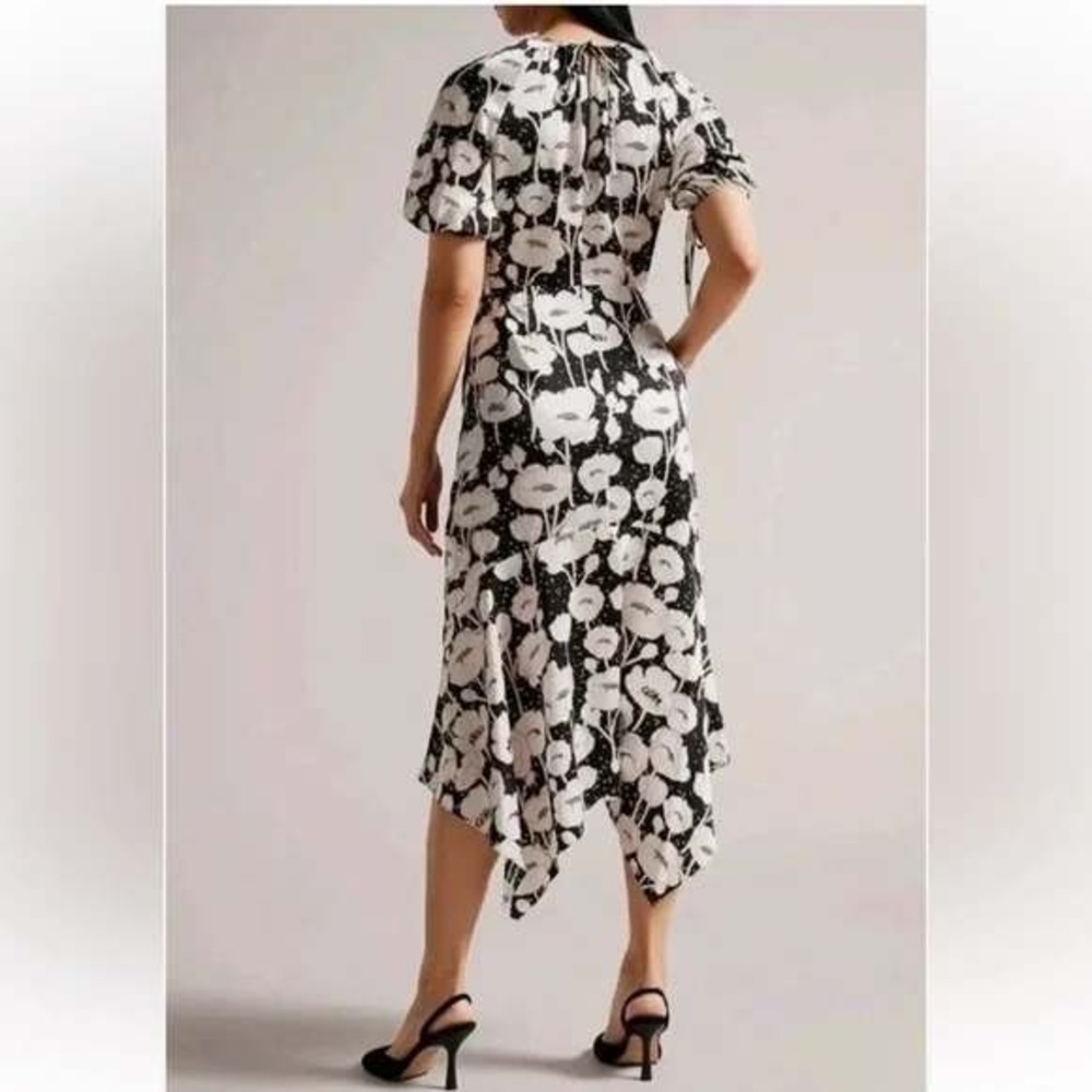 Ted Baker London Abriee Floral Puff Sleeve Handkerchief Hem Midi Dress Size 1 - Picture 2 of 11